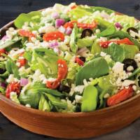 Mediterranean Salad · Romaine Lettuce and Fresh Spinach topped with Black Olives, Sun-dried Tomatoes, Mixed Onions...