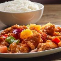 Sweet & Sour Chicken (Lunch) · White chicken, mixed vegetables, pineapple, strawberry. Lunch specials served with Veg Sprin...