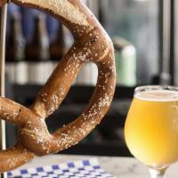 Jumbo Bavarian Pretzel · Vegetarian. Hot, jumbo salted pretzel with beer cheese and brown mustard.