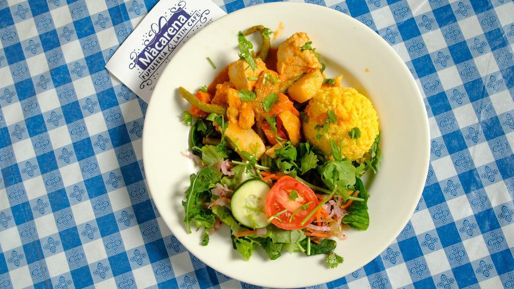 Isabela’S Mayan Chicken · Chunks of organic chicken breasts, potatoes, carrots, & string beans in pungent Mayan spice sauce. Served over yellow rice & salad.