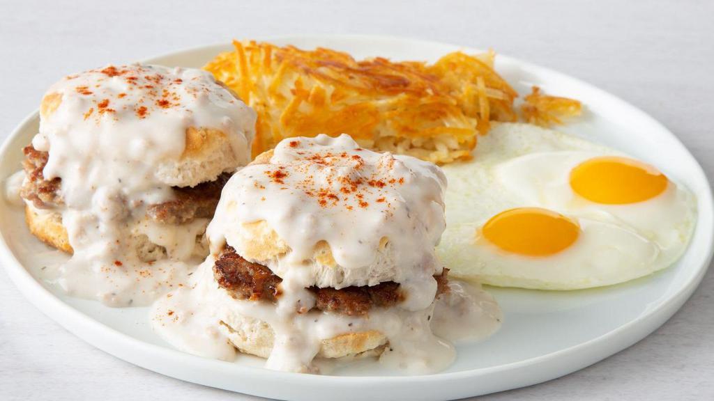 Biscuits & Gravy · 2 eggs served with grilled sausage patties set inside 2  fluffy buttermilk biscuits topped with savory country sausage gravy served with choice of hash browns or grits