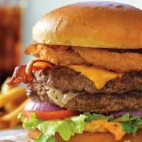 All World Double Cheese Burger · 2 beef Patties with 2 Strips of bacon, American & Swiss cheese & thousand Island dressing