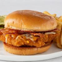 Chicken Ranch · Fried chicken breast, melted Monterey Jack cheese, bacon and ranch dressing on a grilled bun