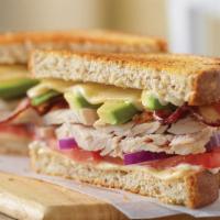 Turkey Bacon Avocado Melt · Sliced roasted turkey with Bacon, avocado, red onion, mayo and pepper jack cheese on grilled...