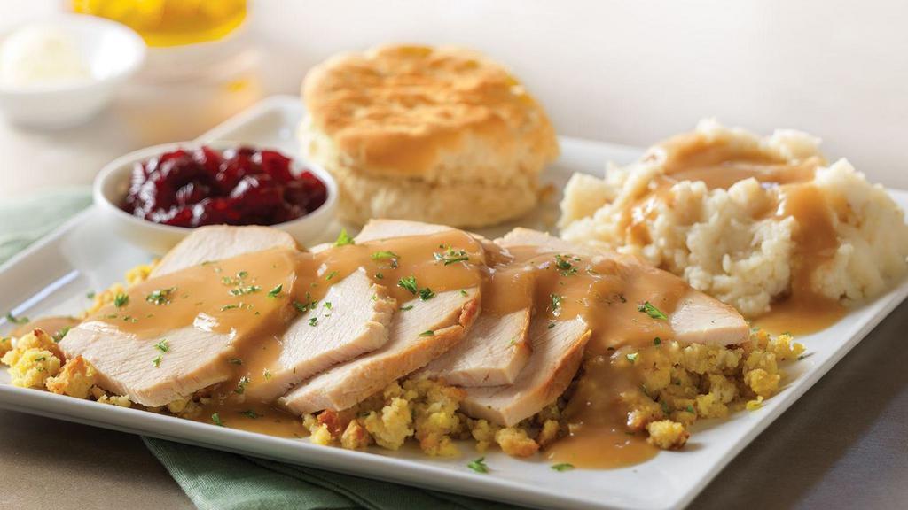 Roasted Turkey Dinner · Roasted Turkey served with mashed potatoes , stuffing and cranberry sauce. No other side choices unless you specify