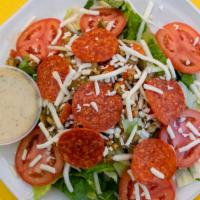 Milano Salad · Romaine and iceberg lettuce, tomatoes, olive salad; sliced pepperoni, and mozzarella cheese ...