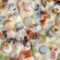 Vegetarian Pizza (Large) · Tomato sauce, mozzarella cheese, fresh mushrooms, fresh tomatoes, onions, green peppers, bla...