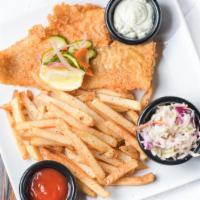 Pub Fish Fry · Beer battered fish topped with cucumber salad, served with citrus jalapeño slaw, hand cut fr...
