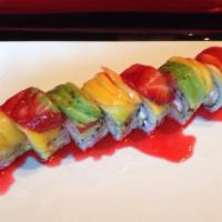Tropical Island Roll · Shrimp tempura, cream cheese, crab and asparagus topped with mango, avocado, strawberry and ...