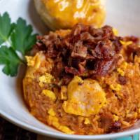 Maw Maw'S Cajun Breakfast · Bits of bacon and shrimp scrambled with eggs and rice. Served with a biscuit.