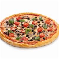 Greek Pizza · Fresh garlic, feta cheese, black olives, tomato, onion, green peppers, oregano, and olive oil.