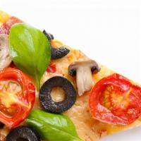 New York Style Veggie Pizza · Fresh garlic, spinach, broccoli, zucchini, green pepper, onion, and tomato topped over olive...