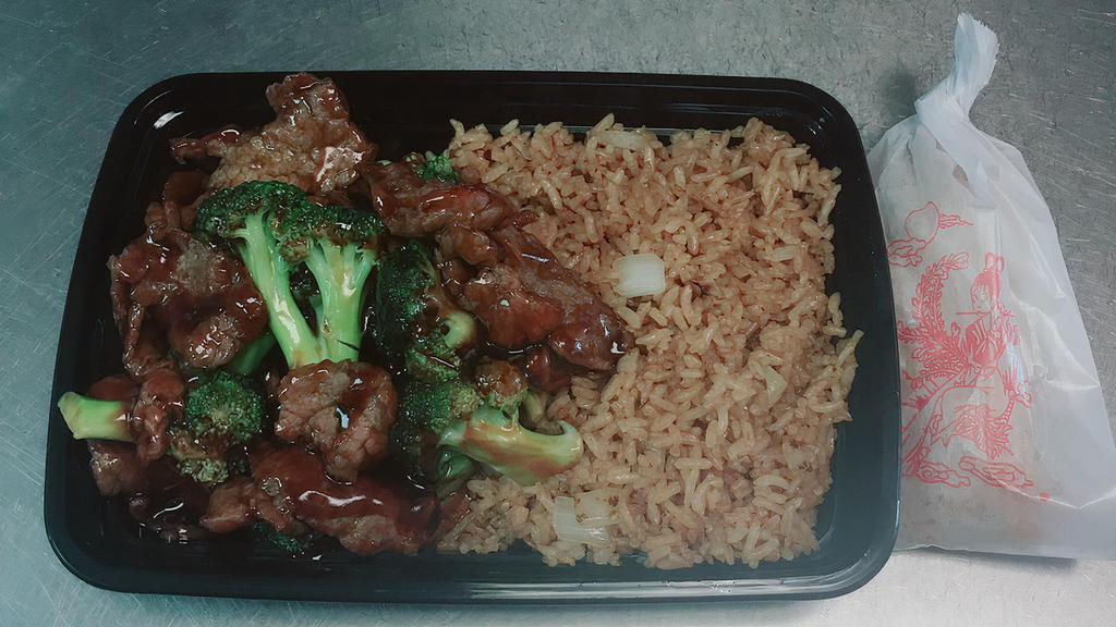 Beef With Broccoli · Includes a can of soda.
