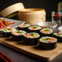 A5 Spicy Pork Kimbab · Spicy pork, lettuce, pickled radish, carrot and rice rolled in seaweed sheet.
