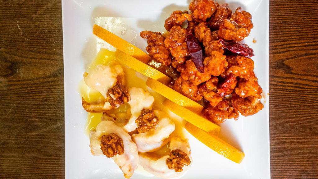 Dragon & Phoenix · Hot. Twin platters consisting of fantasy shrimp and General Tso's chicken.