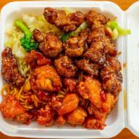 Two Chicken · Honey chicken or general tso's chicken or teriyaki served with rice or noodle & vegetable.