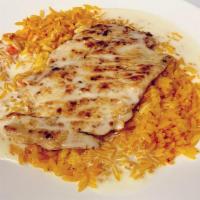 Cheesy Platter · A bed of rice topped with grilled chicken breast, cheese dip, Mexican cheese and your choice...