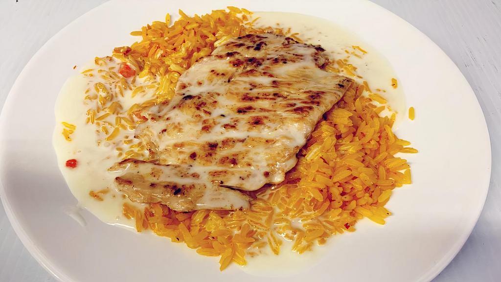 Cheesy Platter · A bed of rice topped with grilled chicken breast, cheese dip, Mexican cheese and your choice of flour or corn tortillas.