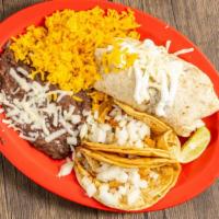 One Burrito & Two Tacos · Includes rice, black refried beans and a fountain
drink. One meat choice per combo.