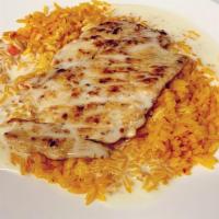 Cheesy Plate · Bed of rice topped with grilled chicken or steak served with cheese dip.