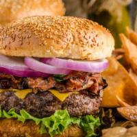 Super Smash Bacon Cheeseburger · Juicy, grilled beef burger with American cheese, smoked bacon, fresh shredded lettuce, slice...
