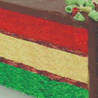 Rainbow Cake · Three colorful sponge cake layers are filled with sweet raspberry jam and almond marzipan to...