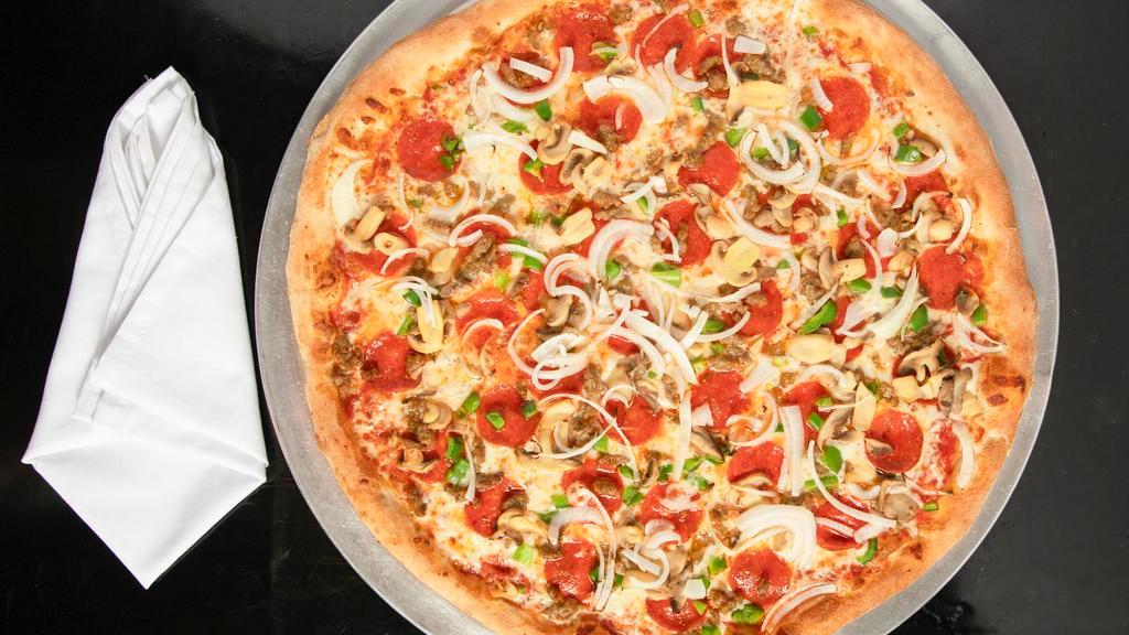 Supremo Pizza · Pepperoni, sausage, green peppers, mushrooms, onions, sauce, and mozzarella.
