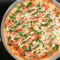 Primavera Pizza · Spinach, tomato, onion, mushrooms, green peppers, and ranch dressing.