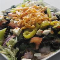 Regular Salad · It comes with lettuce, tomatoes, onions, black olives, spinach, banana peppers, feta cheese,...