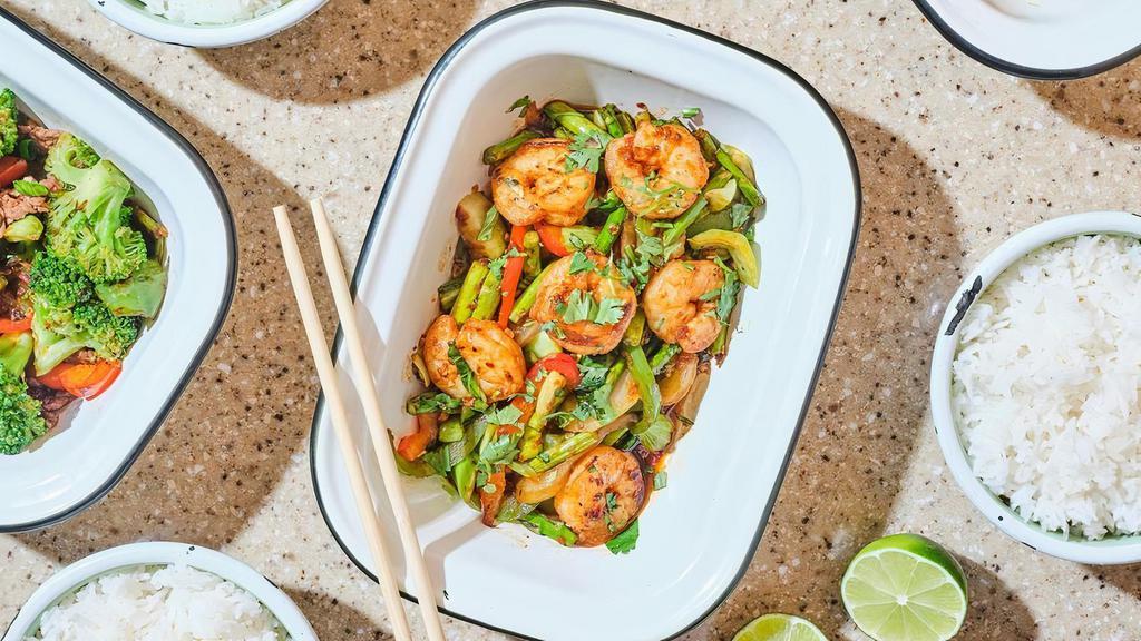 Shrimp And Asparagus · shrimp, bok choy, asparagus, white onion, chili garlic, cilantro, lime