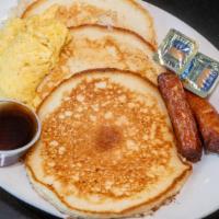 Pancake Platter · Served with 3 pancakes, 2 eggs, and 1 serving of protein.