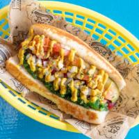 Jimmy'S Chicago Dog · Vienna All-Beef Frank with Sweet Relish, Onions, Tomatoes, Sport Peppers, Dill Pickle Spear,...