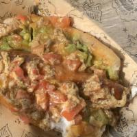 Crawfish Etouffee Dog · Contains pork. Crawfish sausage with crawfish etouffee, sour cream, onions, tomatoes, and cr...