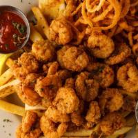 Shrimp Or Catfish Platter · Hand-battered, golden fried, onion strings,
beer-battered French fries, corn fritters