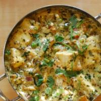 Paneer Methi Malai Matar · Cottage cheese chunks and peas cooked in a creamy fenugreek gravy. (gluten-free)