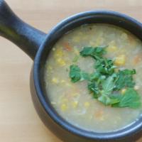 Sweet Corn Soup · Thick sweet corn soup with scallions and chopped vegetables. Dairy-free, veg option is vegan...