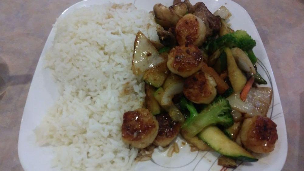 Chicken & Jumbo Shrimp Combination · With rice, vegetables, shrimp sauce, sweet carrots.