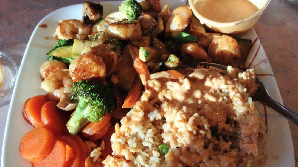 Shrimp & Scallops Combination · With rice, vegetables, shrimp sauce, sweet carrots.