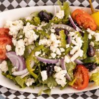Greek Salad · Feta, red onion, bell peppers, tomato, Kalamata olives and pepperoncini