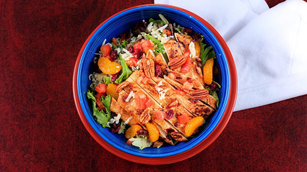 Mango'S Fiesta Salad · Grilled chicken, dried cranberries, mandarin oranges, tomatoes, pecans and spring mix served with a special sweet balsamic vinaigrette.