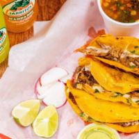 Order Of Three Birria Quesatacos · Three crispy and cheesy Birria Quesatacos with consome soup on the side. Topped with cilantr...