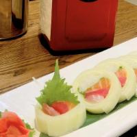 Oya · Tuna salmon, snapper, daikon (radish), uba (Japanese mint), wrapped in cucumber soy-lemon vi...