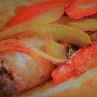 Hot Italian Hot Dog · Spicy Italian sausage with caramelized onions and peppers