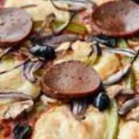 Vegan Supreme Pizza · Our 100% vegan recipe, featuring fresh tomatoes, mushrooms, onions, Kalamata olives, and fre...