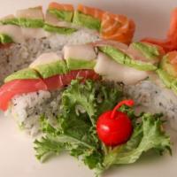 Tuna Tataki · Pepper-crusted seared tuna, mixed greens, cucumber, radish sprouts, and ponzu sauce.