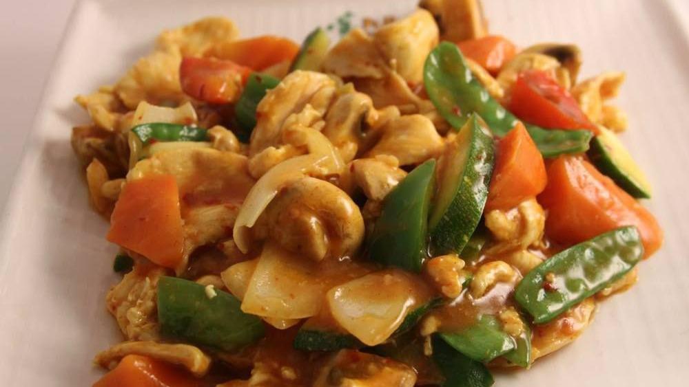 Red Curry With · Spicy. Spicy: sharp, fiery taste. Medium spicy. Sliced chicken, pineapple, tomatoes, mushrooms, bell peppers, string beans, and onions in a red curry sauce.