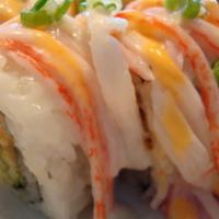 Hot Night · Spicy crab, crunch, eel, and cucumber. Topped with crab and masago. Served with spicy mayo.