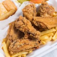 6 Party Wing Plate · Served with fries, salad, and bread.