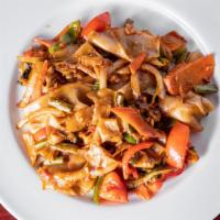 Drunken Noodles · Spicy. Wide rice noodles tossed with a basil leaf, tomatoes, carrot, onions, eggs, string be...