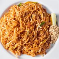 Pad Thai · Spicy. Thin flat rice noodles tossed with egg, bean sprouts, and scallions in a sweet and ta...